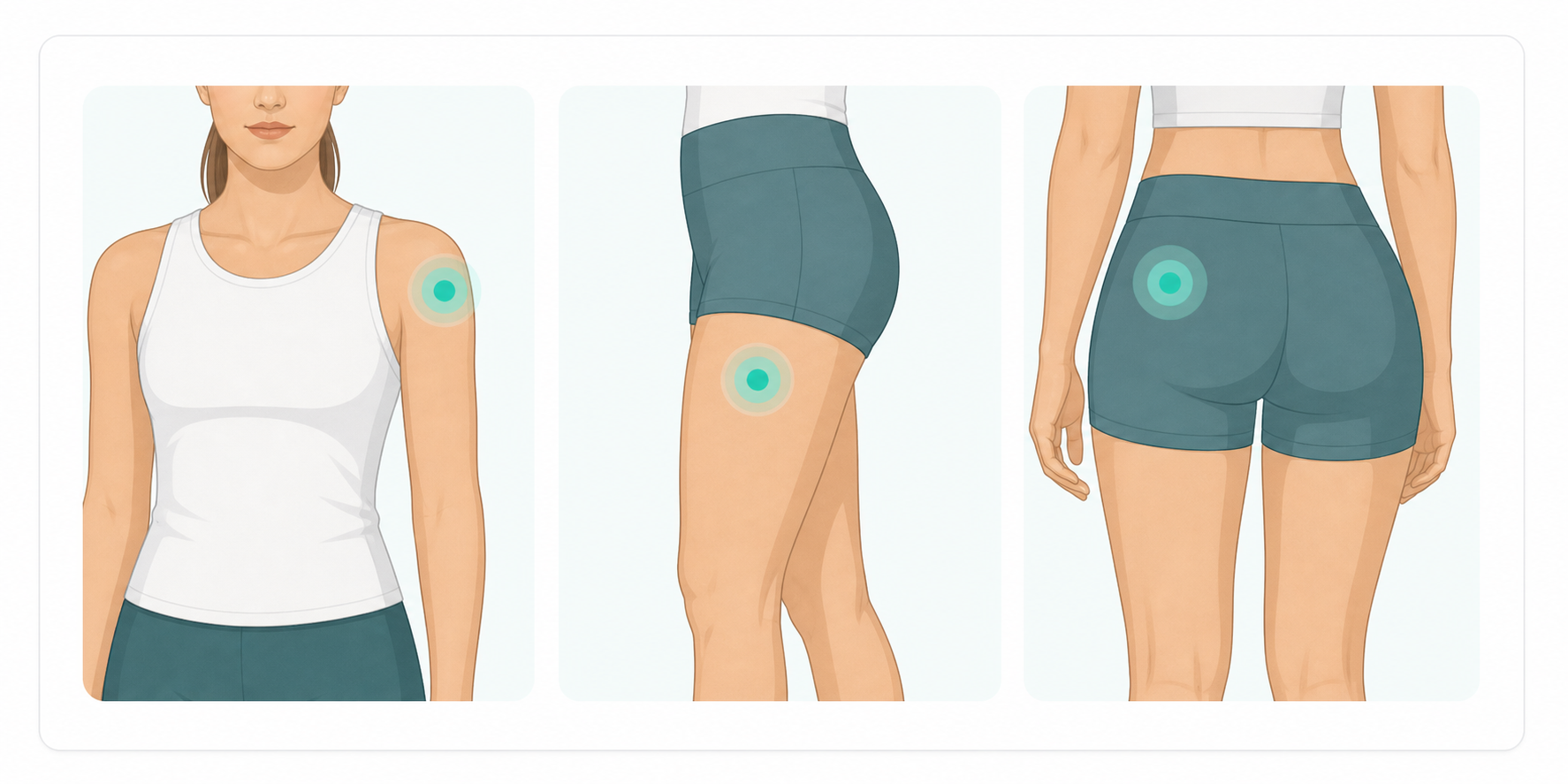 Clinical illustration showing common intramuscular injection areas including the deltoid, vastus lateralis, and gluteal muscle