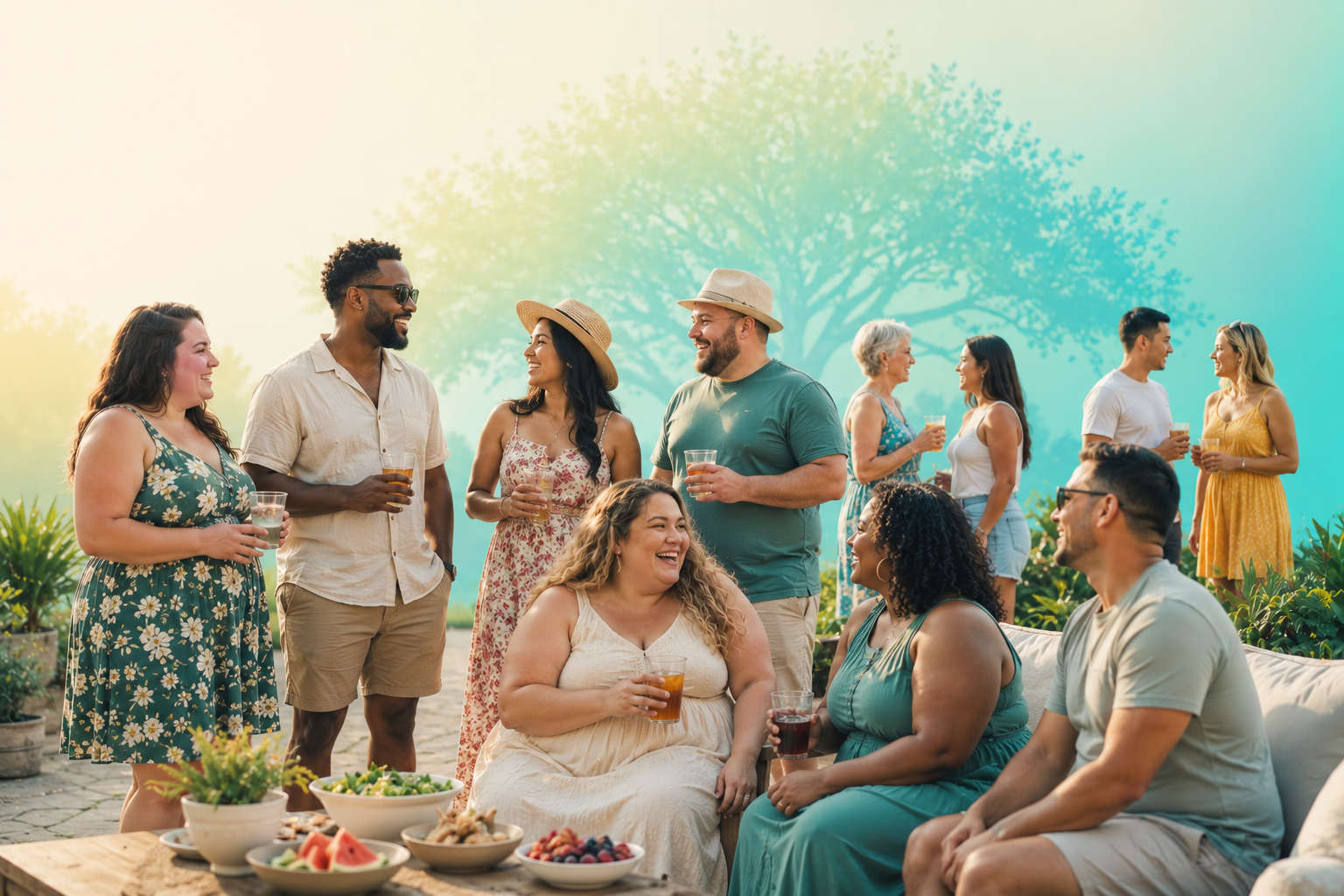 A diverse group of adults spending time together outdoors